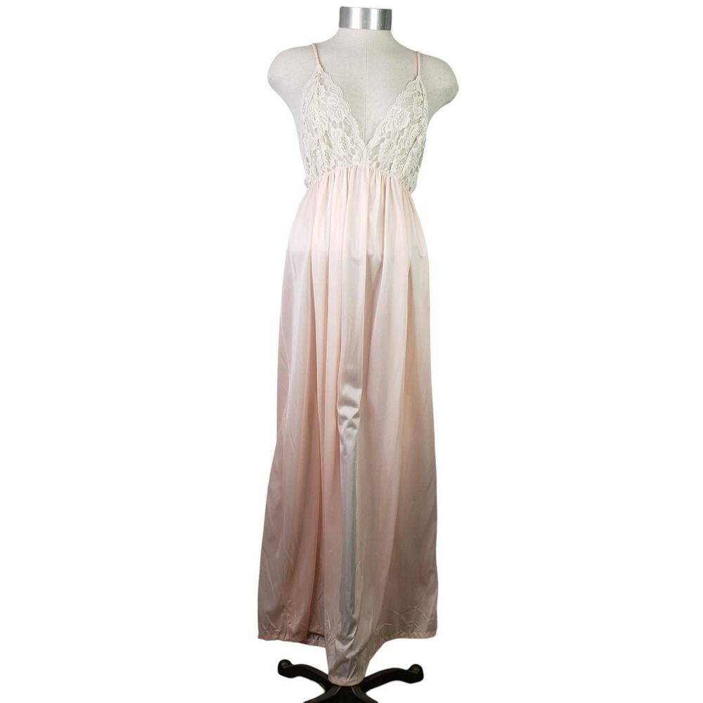Vintage Long Lace Nightgown Sheer Robe Pink Ribbon Womens Size Large Peignor - Picture 4 of 13